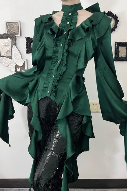 [November 9 Preorder Deadline] Victorian Gothic Lolita Halter-Neck Blouse with Flared Sleeves, an Asymmetrical Frill, and a Train
