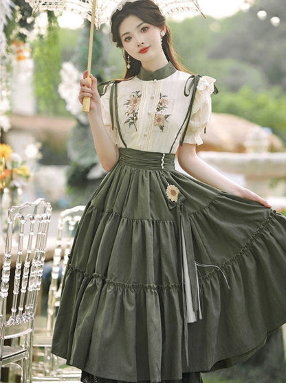 Dark Green Sass Skirt + Flower Blouse