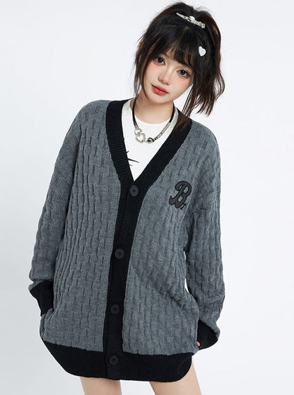 Patch V-Neck Cable Knit Cardigan