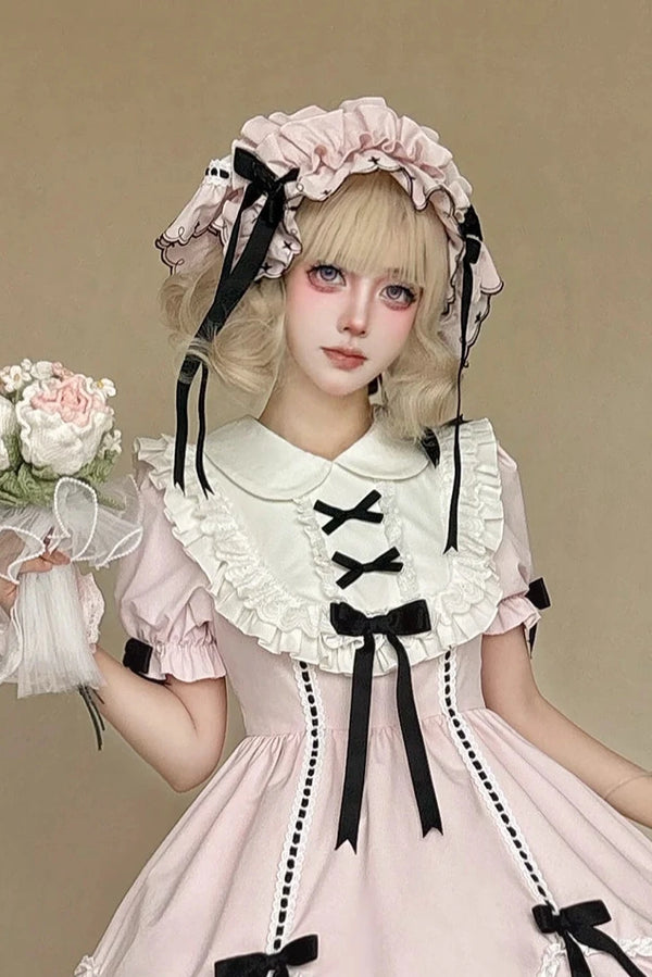 【10月4日予約締切】Four-color Gothic-style Sweet Lolita Cross Embroidery Ribbon Bonnet + Ruffle Scarf Headband