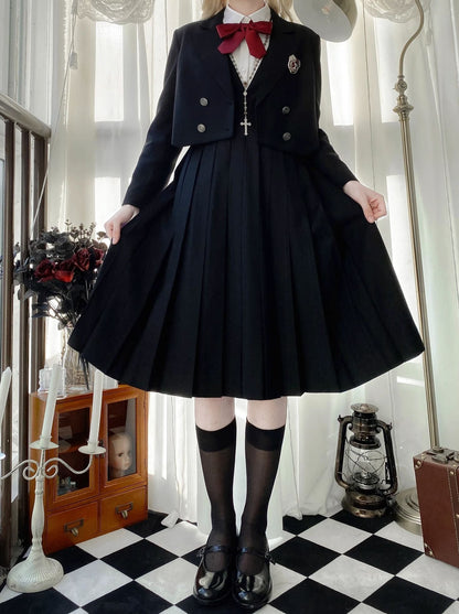 Black Princess College Style Short Jacket + White Shirt + V-Neck Pleated Dress [Reserved Item