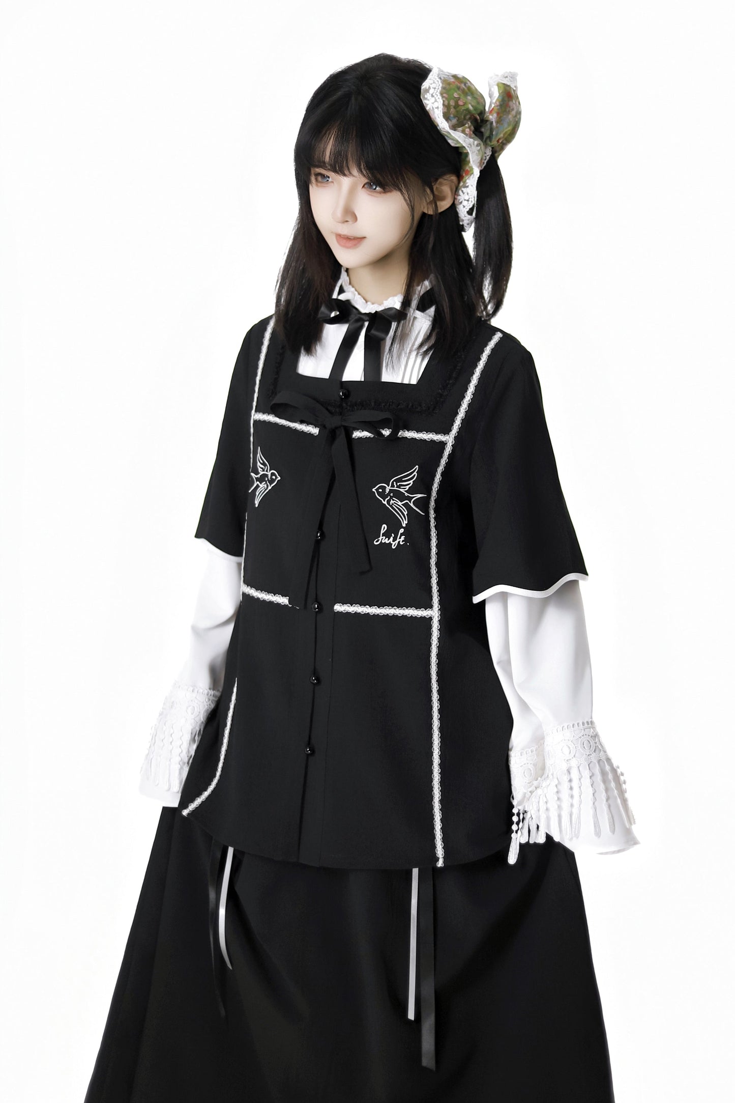 ダークモードスクエアネックカーディガン+シャツ+ロングスカート