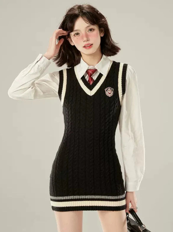 College Style Tie White Shirt + V-Neck Knit Vest Dress