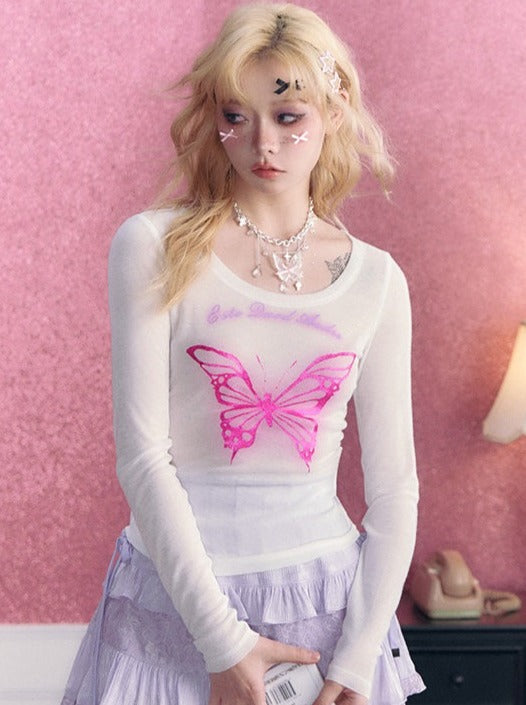 Vivid pink butterfly top + flared skirt