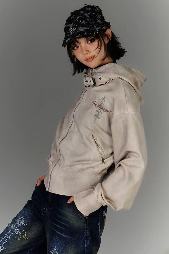 モードジッパーバイカーフードジャケット