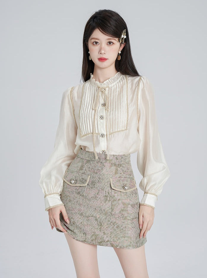 French apricot stand collar shirt + retro design skirt