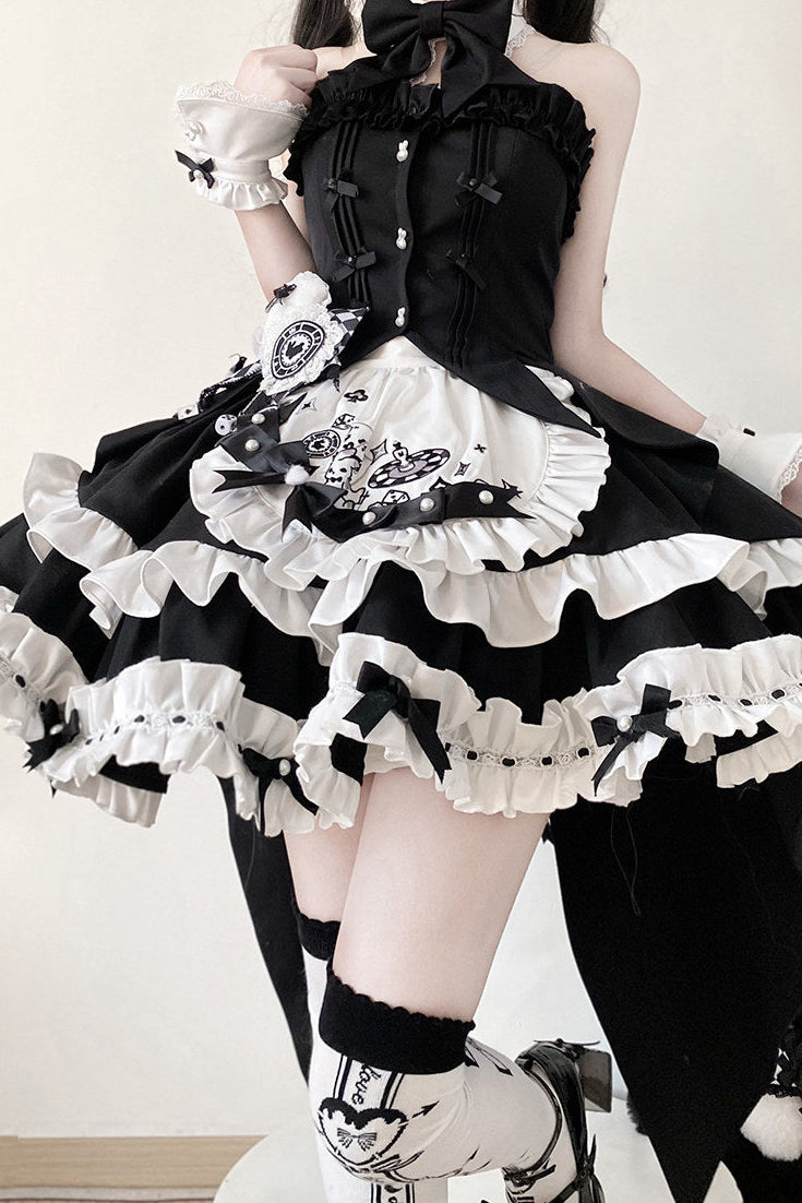 【2月13日予約締切】ブラックホワイトゴシックアリスラビットフリルビスチェトップメイドスカートドレスセット＋アクセサリー