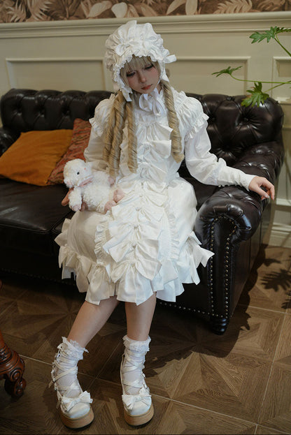 [November 15 Reservation Deadline] White Doll Style Front & Back Two-Way Ruffle Ribbon Lolita Dress (Short/Long) + Matching Shorts (Short/Long) + BB Hat