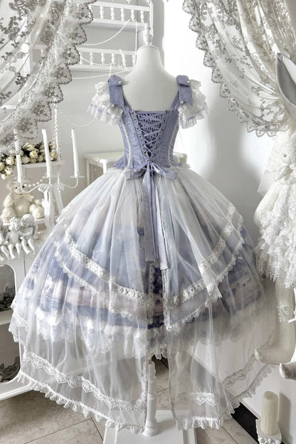[Vorbestellschluss: 3. August] Snow on the Seine River elegantes Lolita-Schleifen-Rüschen-Korsett-Bustier+Rock mit Kunstdruck+Tüll-Überrock-Set