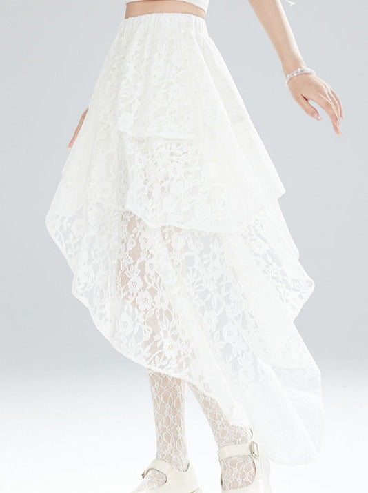 Lace Pure White Asymmetrical Skirt