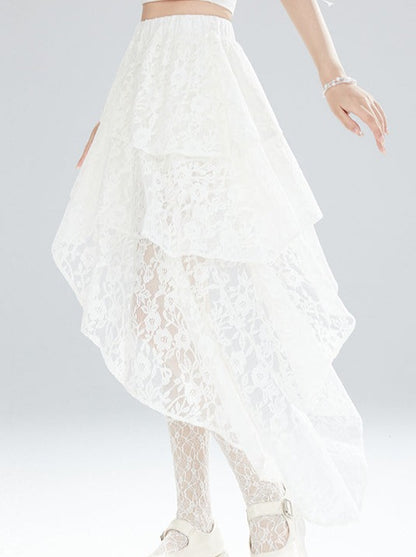 Lace Pure White Asymmetrical Skirt