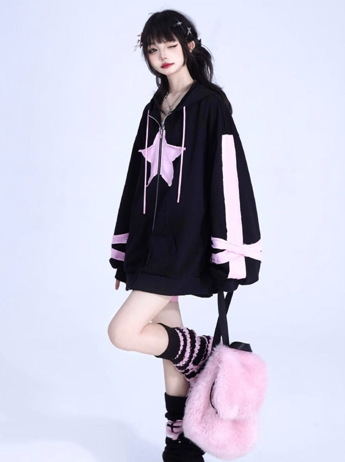 Pink Black Oversized Cardigan Hoodie Jacket