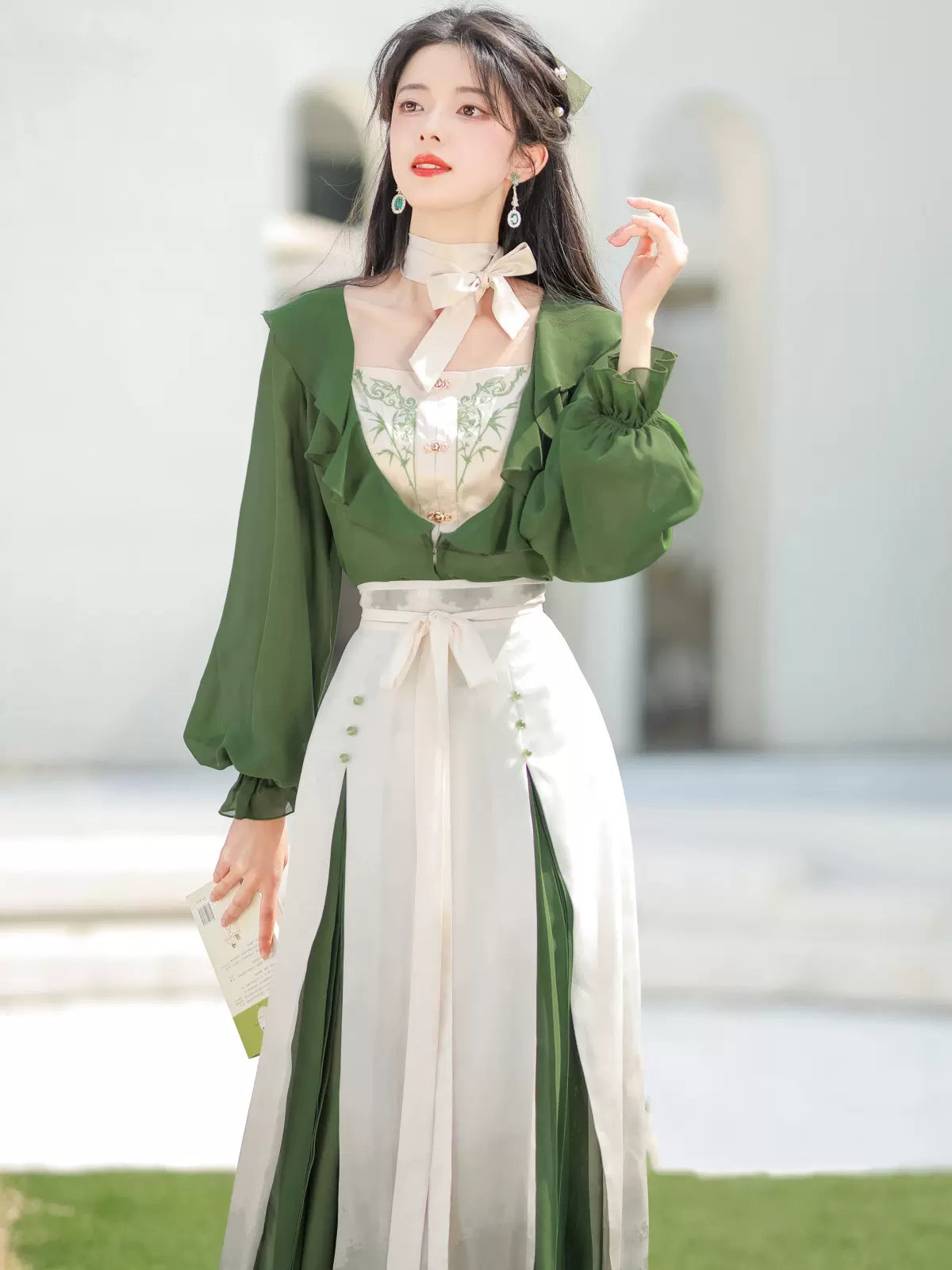 Innovative Green Ruffle Chaina Three Piece Suit