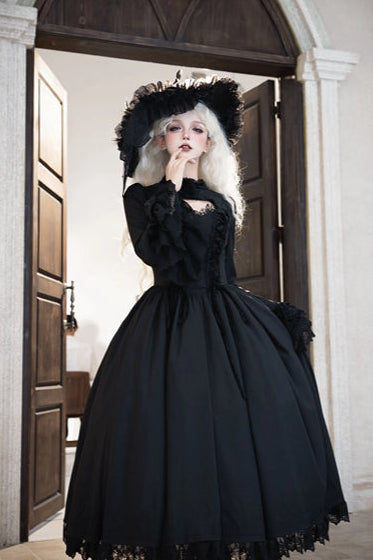 【12月13日予約締切】ダークゴシックローズエンブロイダリーブラックベルベットドレス＋ヘッドバンド