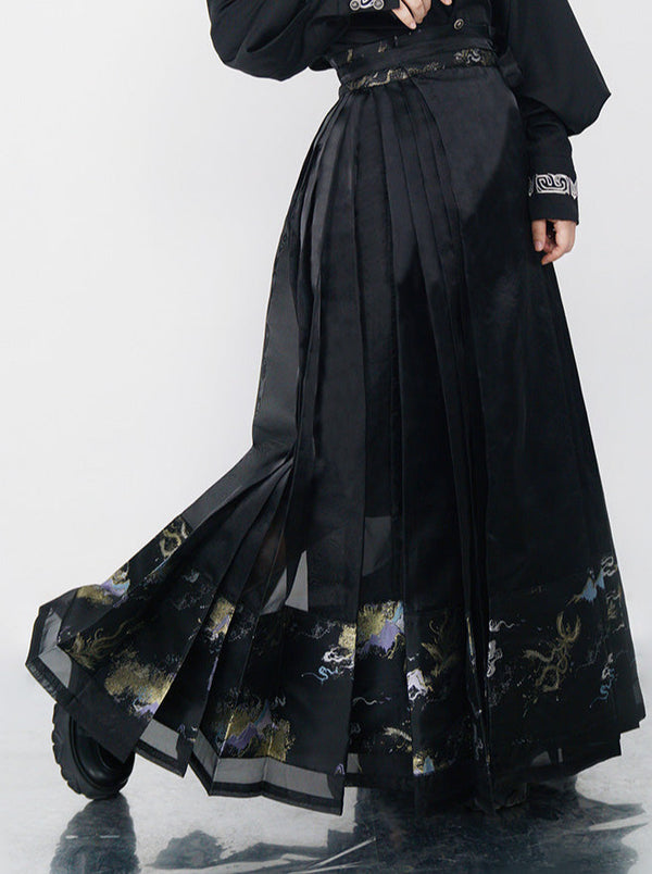 China Retro Black & Gold She Pleats Skirt [Long mid -length]
