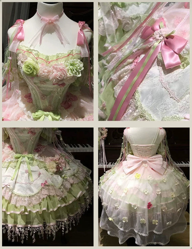 [Clôture des réservations le 10/8] Robe lolita corset à volants en dentelle florale rose x vert doux + ensemble complet (coiffe couronne florale avec voile + manches amovibles)