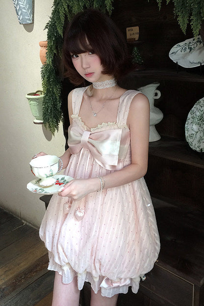 [Reservierungsschluss 29. Mai] Romantisches Feen-Ballonkleid mit rosa Punkten und Schleife