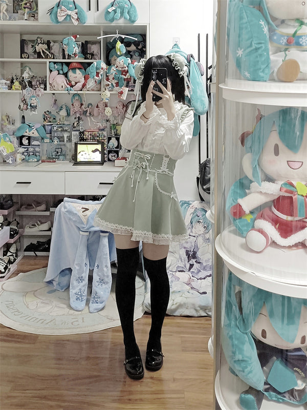 Frilled Lace-up High Waist Suspender Skirt