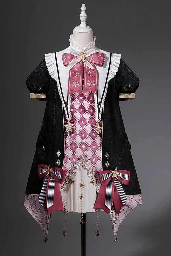 【10月13日予約締切】Magic Academy Starry Diamond Pendant Bow Lolita Dress + Black Lace Trim Bow Puff Sleeve Jacket + Detachable Star Embroidery Ribbon Frill Collar + Full Set
