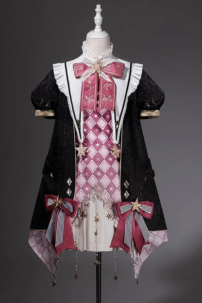 【10月13日予約締切】Magic Academy Starry Diamond Pendant Bow Lolita Dress + Black Lace Trim Bow Puff Sleeve Jacket + Detachable Star Embroidery Ribbon Frill Collar + Full Set