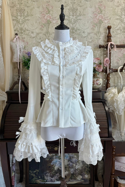 【9月28日予約締切】White/Black Gothic Lolita Lace Frill Bell Sleeve Shirt + Rose Lace Bow Jabot