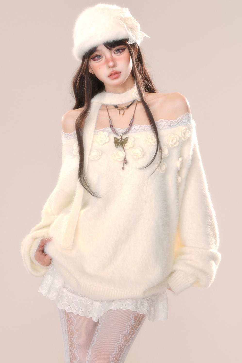 Soft heart lace one shoulder sweater