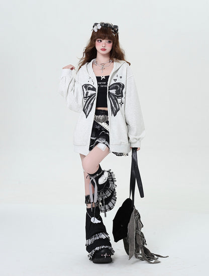 Dark Ribbon Design Loose Hooded Zip Hoodie