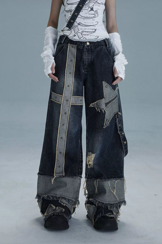 Y2Kデザインワイドレッグデニムパンツ
