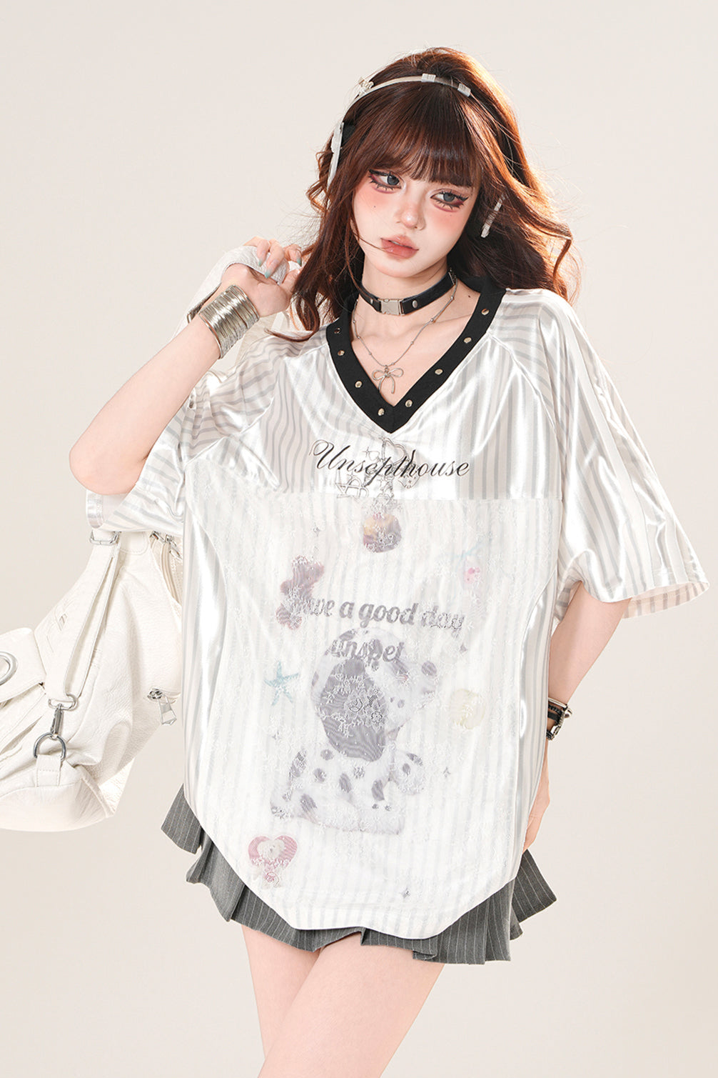 スポーティーネックボーダースクエアショルダートップス