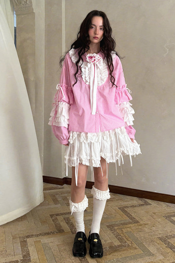 Camisa de patchwork con cuadrícula rosa muñeca