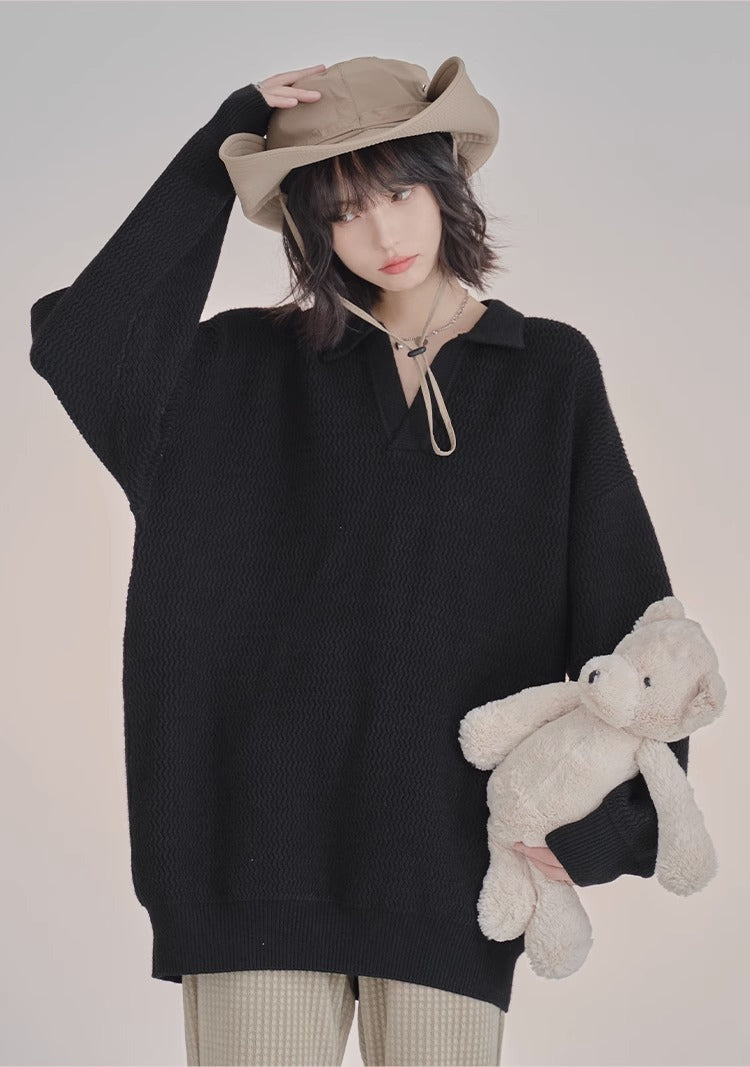 Polo Collar V-Neck Wave Knit Loose Sweater