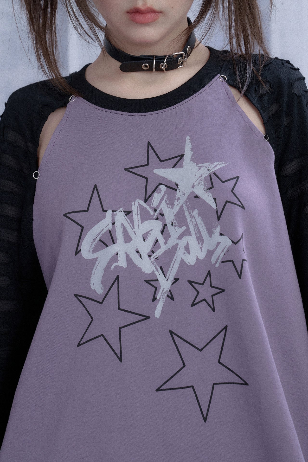 SagiDolls girl's fighting spirit sweet cool black purple star print hollow raglan sleeve loose T-shirt slimming and versatile autumn