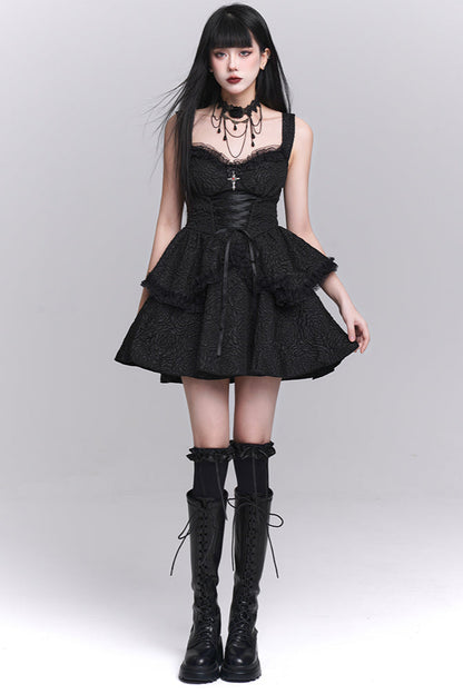 Gothic Style Neck Short Top + Suspender Dress