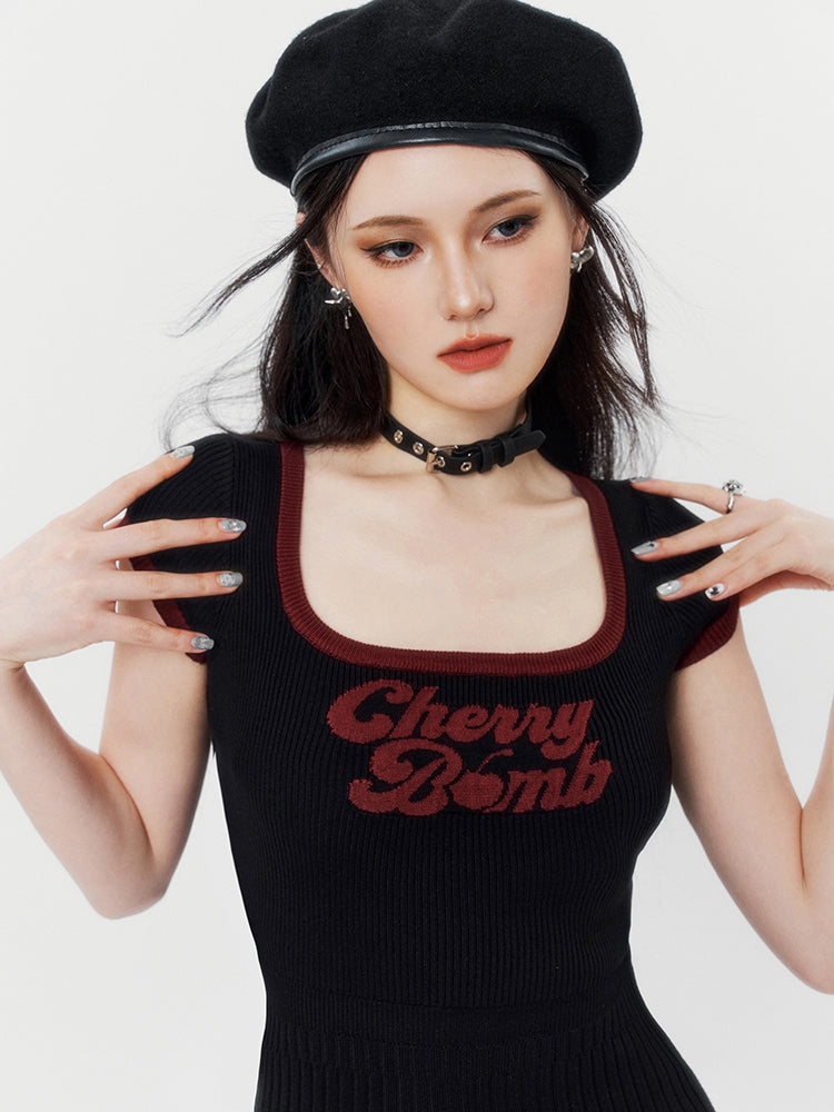 Summer Cherry Sweet Spicy Square Neck Knit Sling Dress