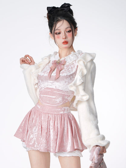 Princess Pink Velvet Lace Slim Top + Skirt + Fur Short Jacket