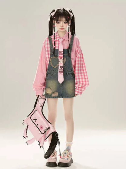Pink Check Loose Contrast Collar Shirt + Denim Suspender Skirt