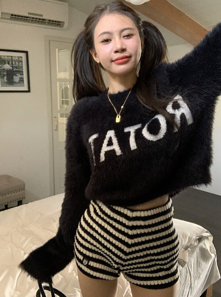 Logo soft fur knit top