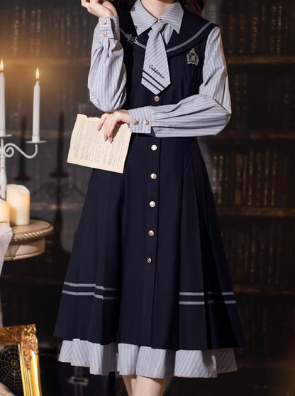 Magic Academy Retro Suit Navy Color Pleated Dress + Striped Shirt Dress + Tie + Badge