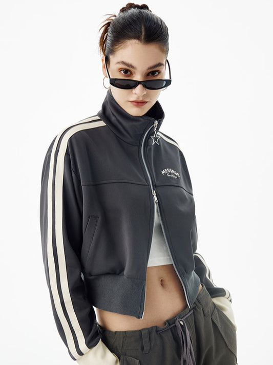 MessStudio American stand up collar casual double zipper versatile sports short jacket women's street waist design sense
