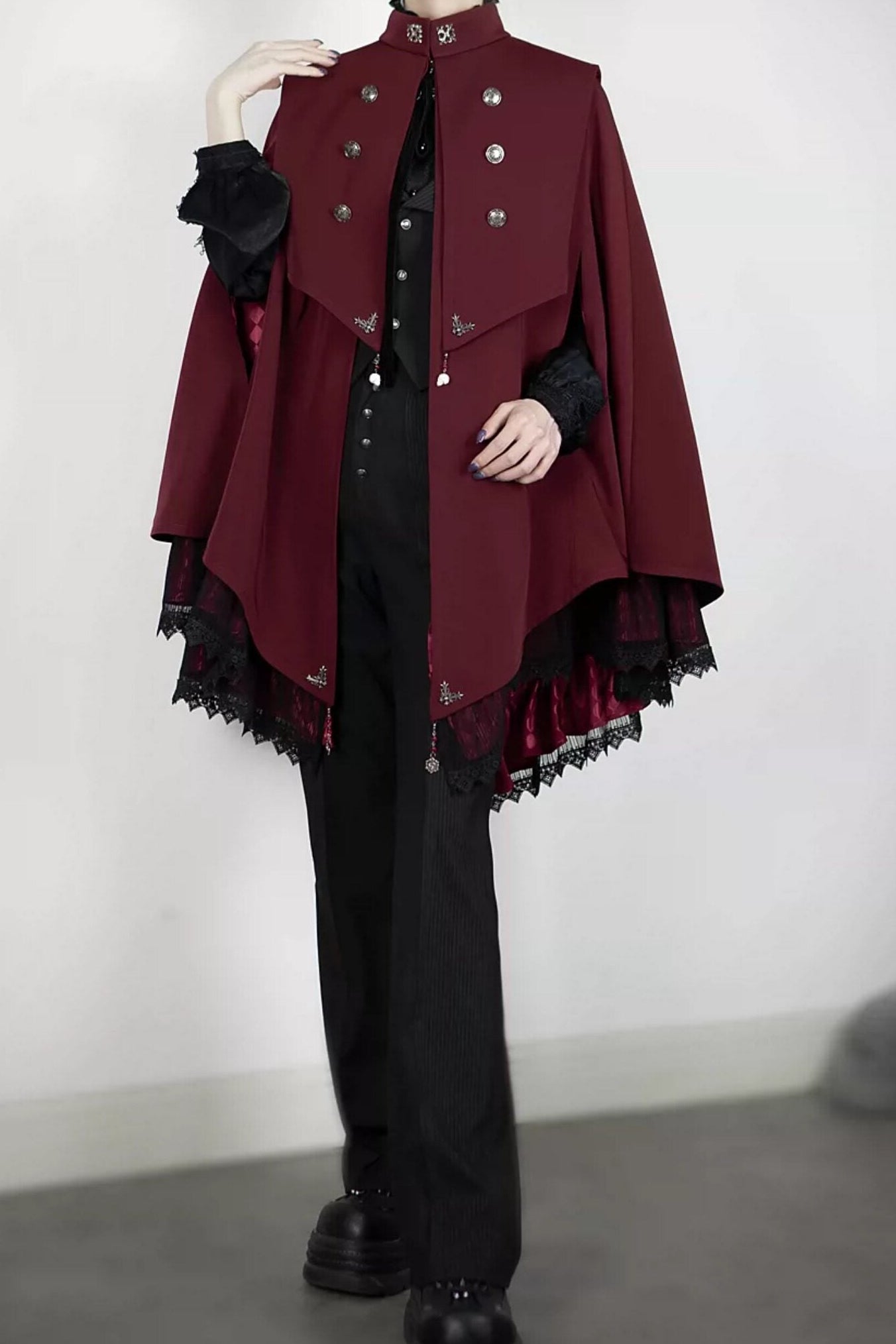 【9月5日予約締切】Dark Red/Dark Green Gothic Chain Layered Lace Cape Coat(Short Length/Long Length)