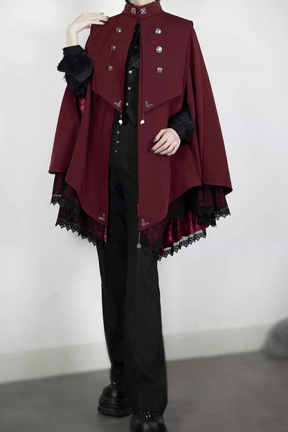 【9月5日予約締切】Dark Red/Dark Green Gothic Chain Layered Lace Cape Coat(Short Length/Long Length)