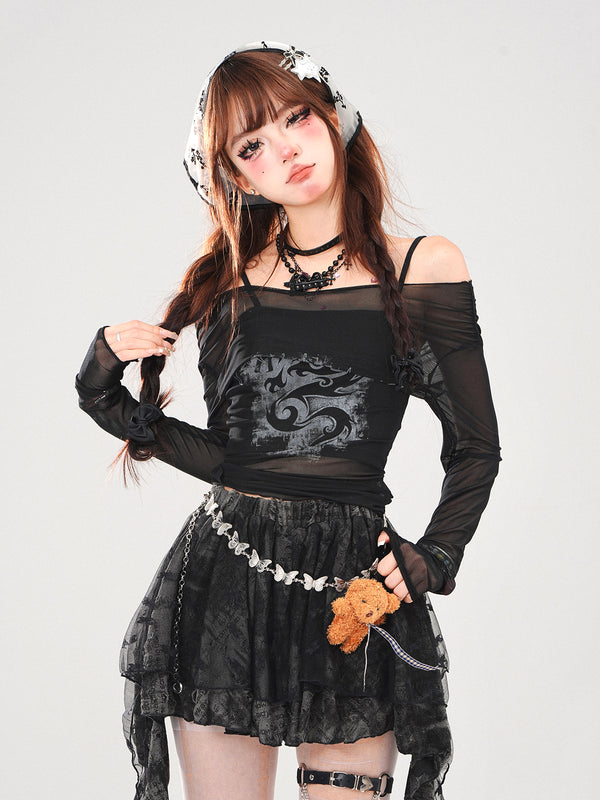 Dark off-the-shoulder design sheer top