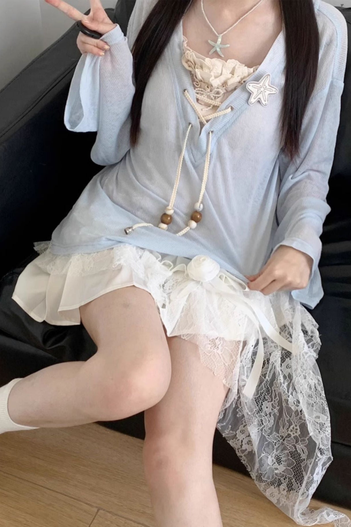 Seaside-Smok-Oberteile + Neckholder-Unterhemd + Asymmetrischer Rock