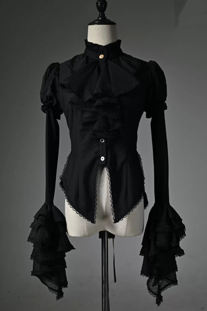 [Pre-order Deadline: July 25] Black/White Gothic Lolita Elegant Ruffle High-Neck Bell-Sleeve Lace Ruffle Shirt
