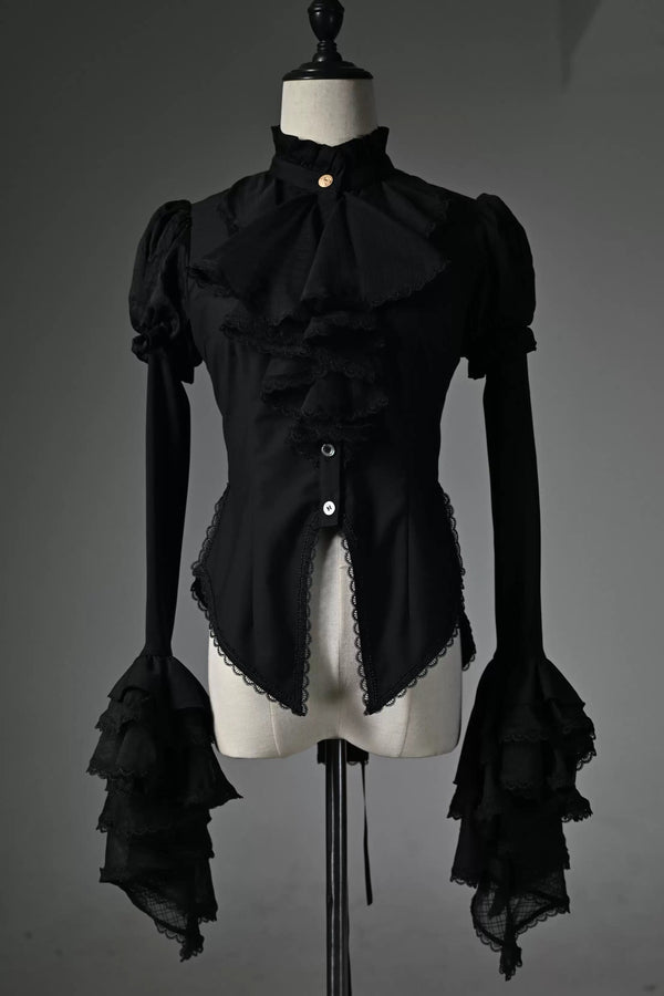 [Pre-order Deadline: July 25] Black/White Gothic Lolita Elegant Ruffle High-Neck Bell-Sleeve Lace Ruffle Shirt