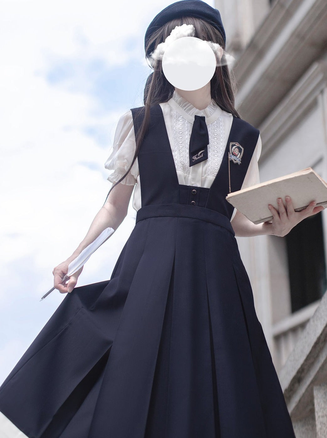 [Reserved Item] Retro Summer Dress + Puff Sleeve Shirt + Tie + Badge