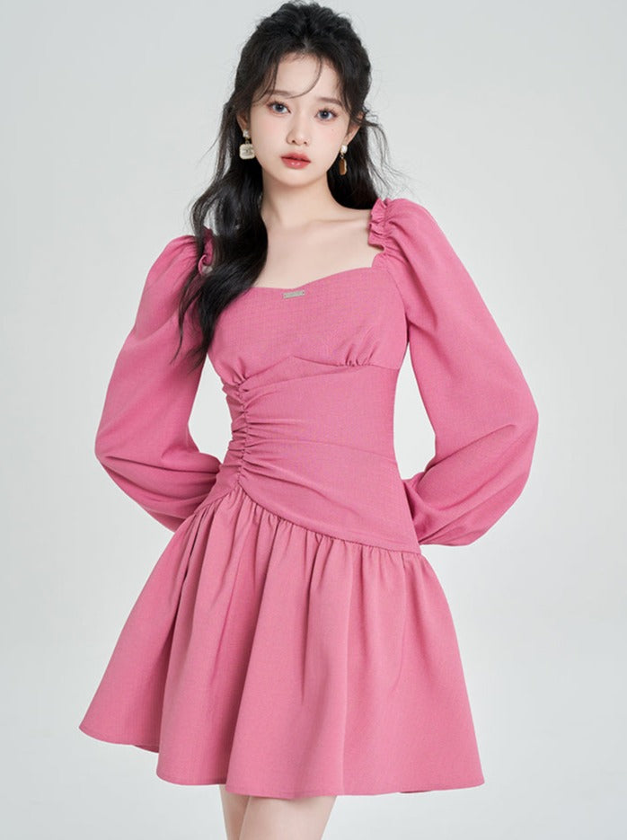 French Rose Red Square Neck Dress