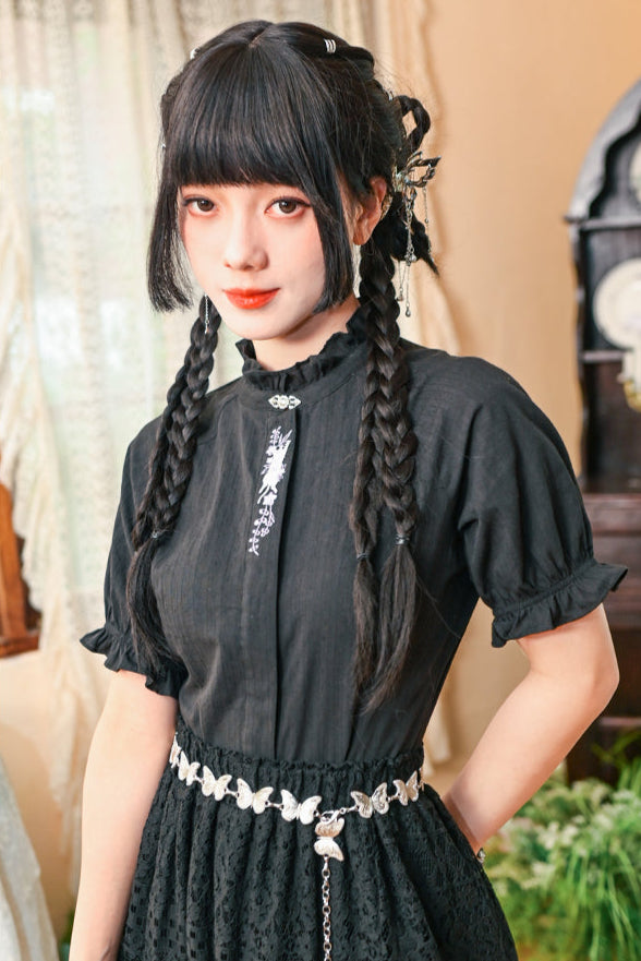 コットンススタンドカラーブラックスリムシャツ