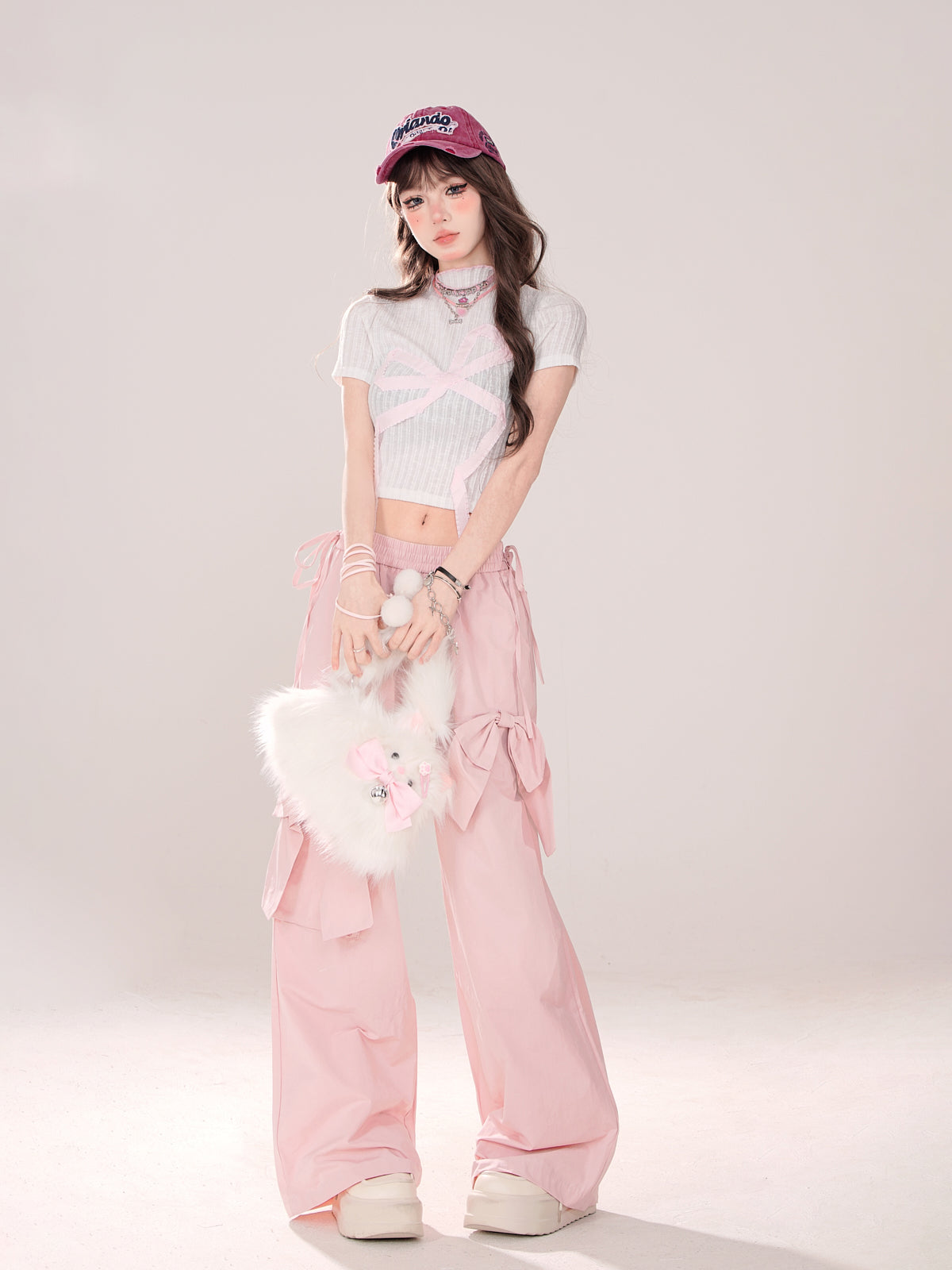 Sweet Pinky Big Bow Loose Pants