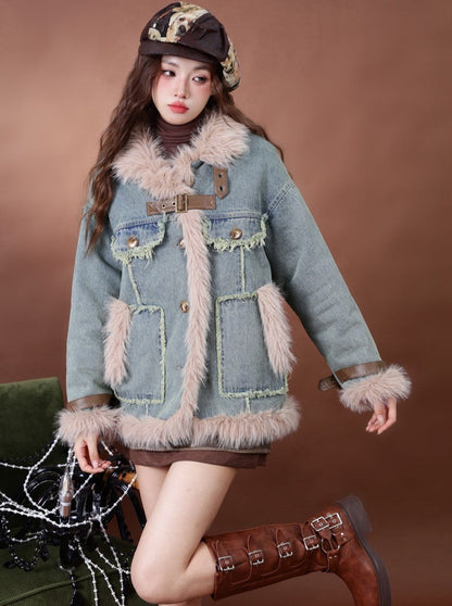 Retro Fur Patchwork Denim Coat